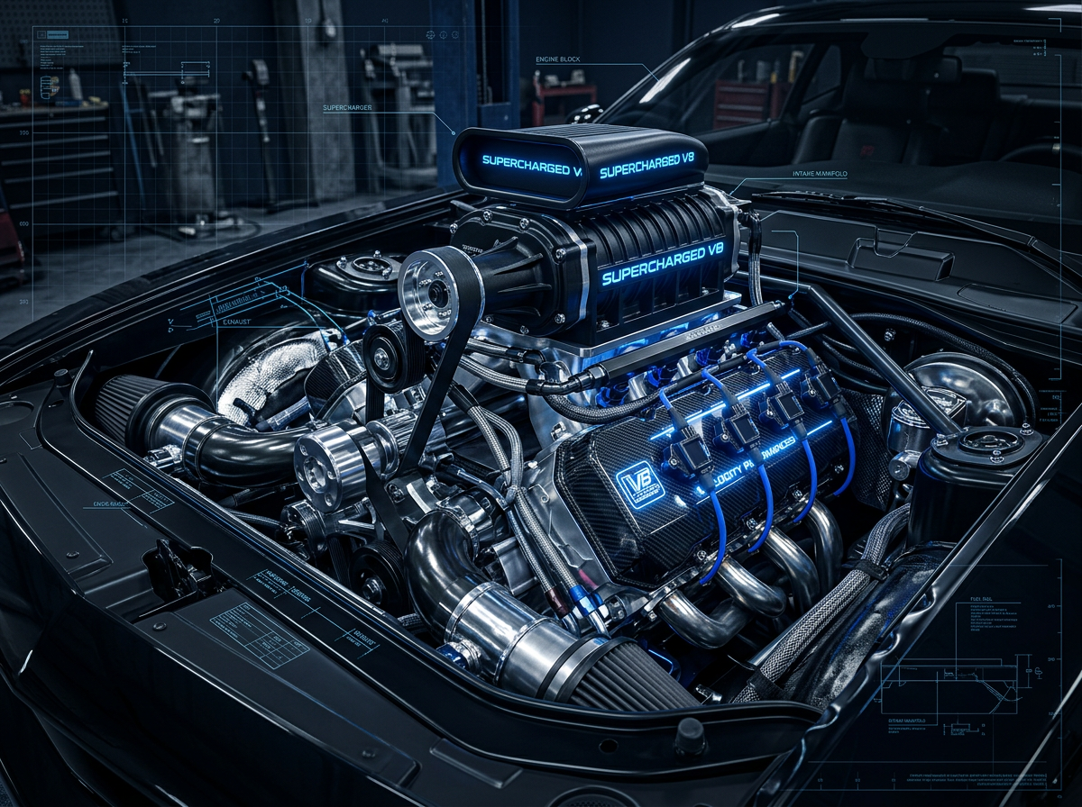 Detailed engine bay render with mechanical blueprint overlays
